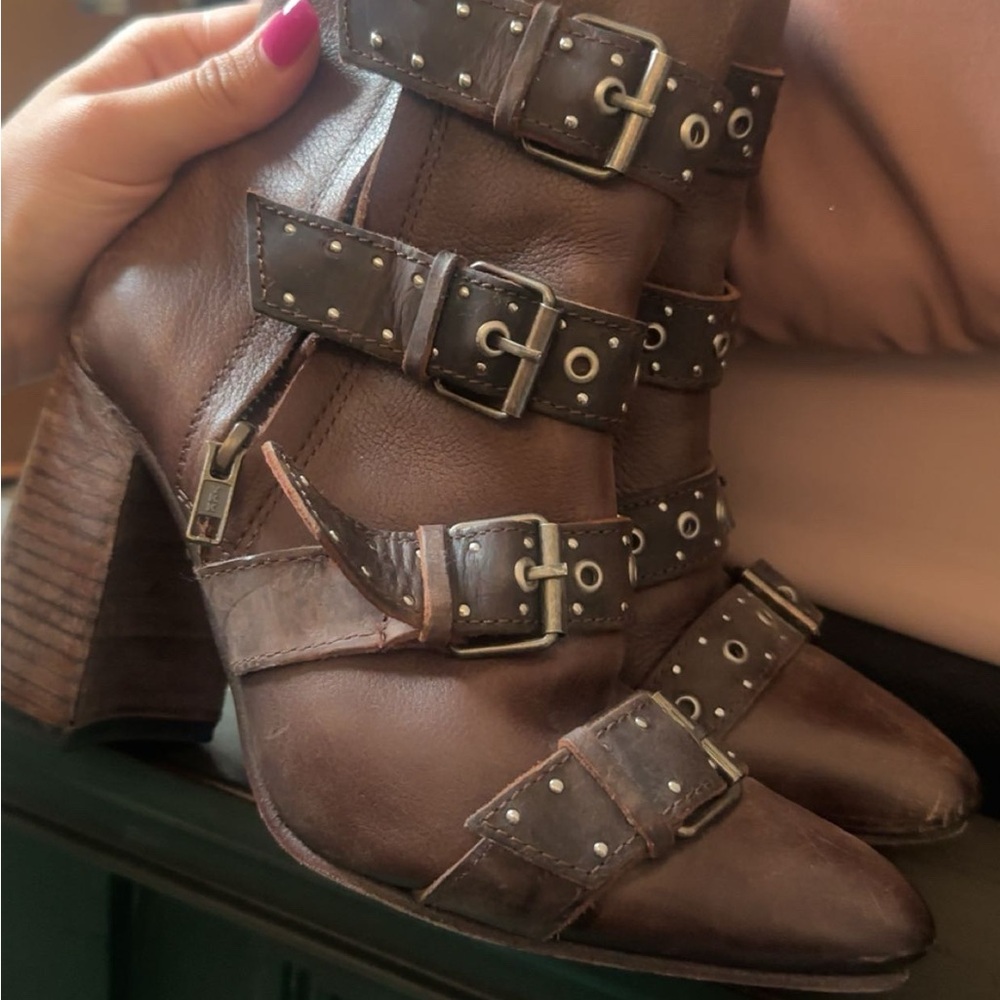 Freebird by Steven Dark Brown Multi-Buckle Ankle Boots